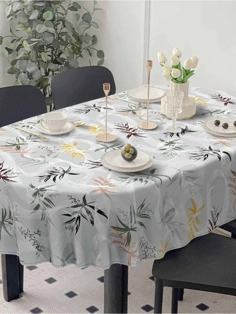 Floral Printed Vinyl Tablecloth - White with Multicolor Leaf Accents
